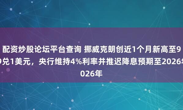 配资炒股论坛平台查询 挪威克朗创近1个月新高至9.9兑1美元，央行维持4%利率并推迟降息预期至2026年